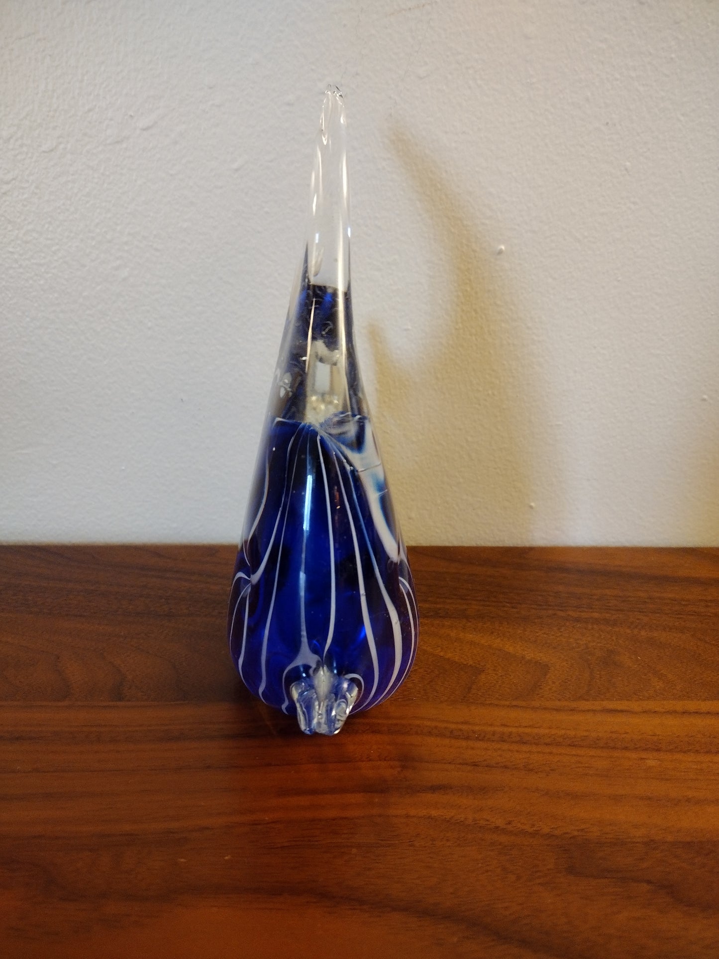 Blue With White Stripes Glass Angel Fish Paper Weight Figurine 4" Tall - Vintage