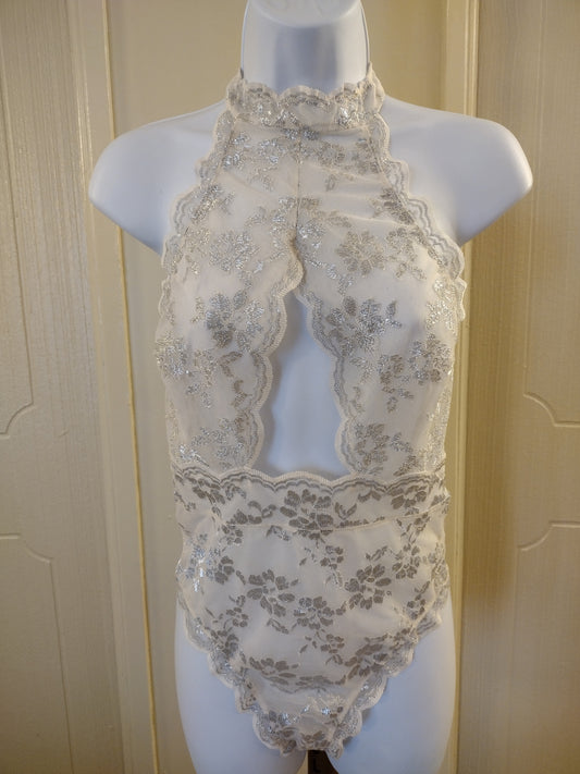 Victoria Secret Lace Floral Ivory &amp; Silver See Through Bodysuit